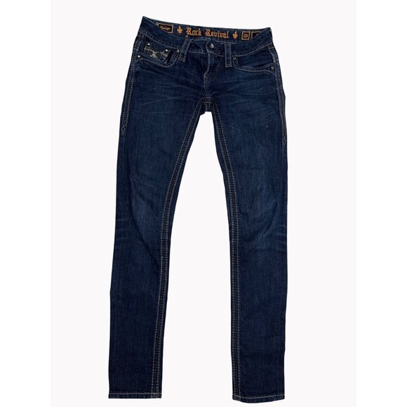 Rock Revival Kailyn Womens 26 Dark Wash Skinny Jeans Rhinestone Pockets - Picture 2 of 7